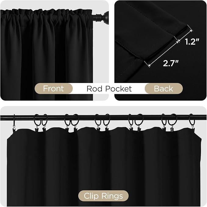 CUCRAF Black Blackout Curtains 63 inch Length 2 Panels Set, Rod Pocket Room Darkening Drapes for Bedroom Living Room, Insulated Thermal Light Blocking Window Curtain (W52 x L63 Inch)
