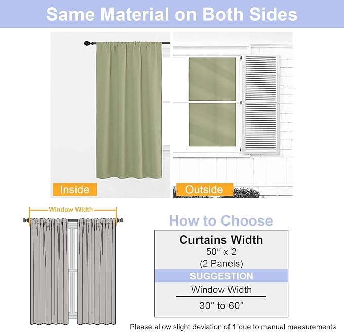 Simplebrand Ava Sage Green Blackout Curtains for Patio 108 Inches Long 2 Panels Set, Solid Thermal Insulated Room Darkening Rod Pocket Window Treatment Curtains Blackout Drapes, W50 x L108 Inch