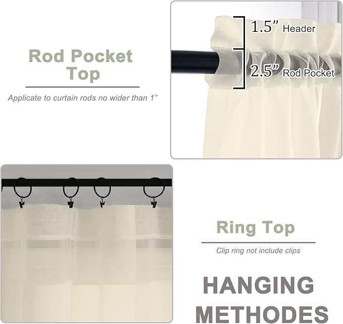 OWENIE Sheer Cream Curtains 108 Inches Long for Living Room Bedroom 2 Panels Set, Lightweight Airy Cream Sheer Curtain, Filmy Voile Rod Pocket, 2 PCS, Each 59" W x 108" L