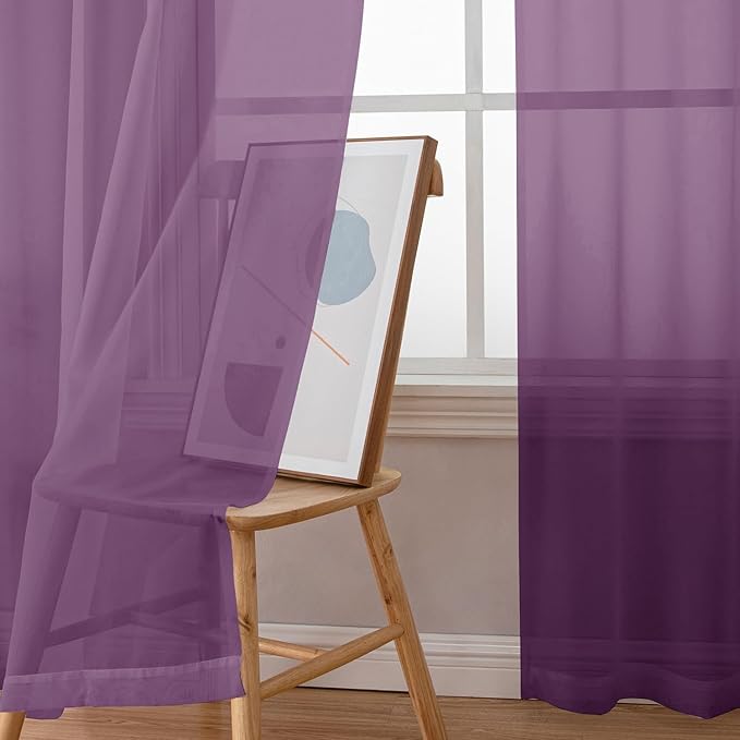 Aiyufeng Plum Purple Sheer Curtains 90 Inches Long 2 Panels, Solid Voile Top Dual Rod Pockets Stylish Breathable Drapes Window Treatment for Kid's Room/Bedroom/Living Room, 42W x 90L inches