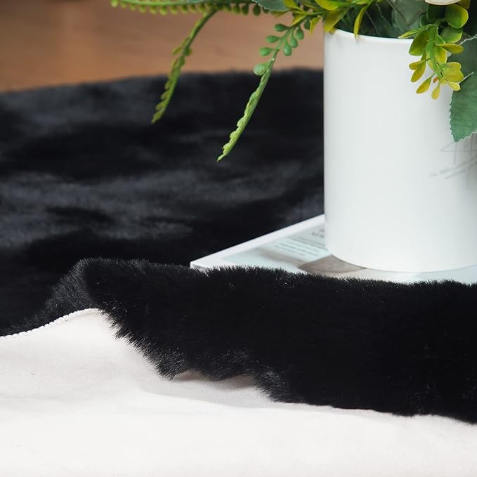 ORINOVA Black Rabbit Shaggy Fur Rug for Bedroom Washable Furry Circle Area Rugs for Living Room Kids Small Round Rug 3ft Nursery Rug