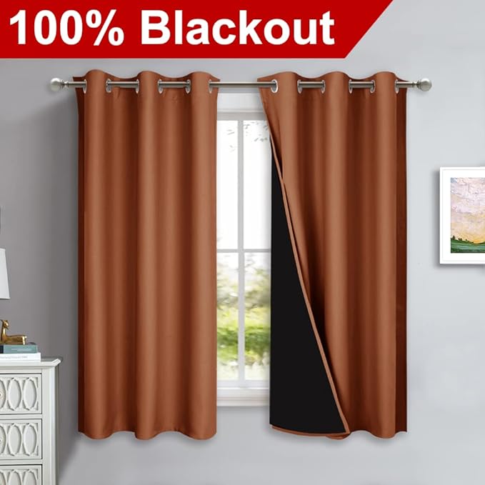 NICETOWN 100% Blackout Short Curtains with Black Liners, 2 Panels, 37" W by 40" L, Vintage Blue, Solid Thermal Insulated Full Blackout 2-Layer Lined Drapes, Energy Efficiency Window Drapes for Bedroom