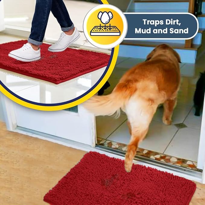 Muddy Mat® | Super Absorbent Door Mat Indoor, Microfiber Quick Dry Chenille Entryway Rug, Non-Slip Front Door Mat, Indoor Mats for Entryway, Machine Washable Pet Rug, Red 5ft x 7ft
