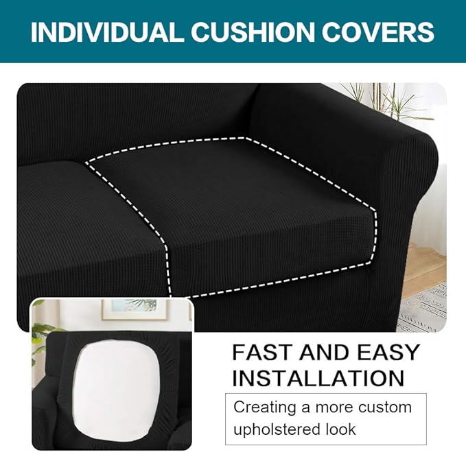 Turquoize 3 Piece Sofa Covers for 2 Cushion Couch Sofa Slipcover Soft Couch Cover for Dogs-Washable Sofa Furniture Covers with 2 Individual Cushion Covers, Feature Jacquard Fabric (Loveseat, Black)