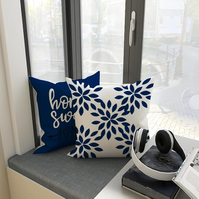 YCOLL Pillow Covers 22x22 Set of 4, Modern Sofa Throw Pillow Cover, Decorative Outdoor Linen Fabric Pillow Case for Chair Sofa Couch Bed Car, Dark Blue