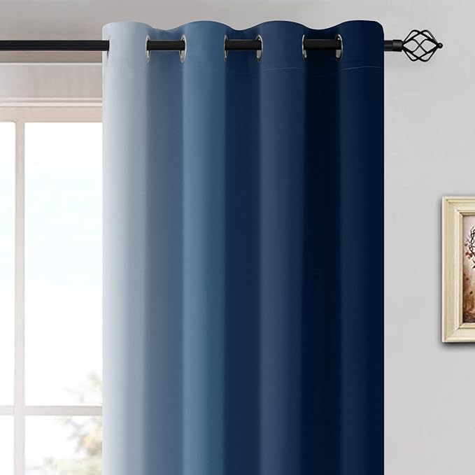 Yakamok 96 Inch Length Light Blocking Thermal Insulated Grommet Window Drapes, Room Darkening Gradient Color Ombre Curtains for Bedroom(Blue and Greyish White, 52x96 Inch, Set of 2)