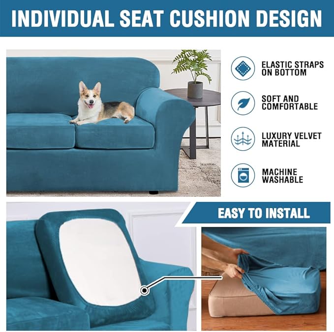 H.VERSAILTEX Real Velvet Plush 3 Piece Stretch Sofa Covers Couch Covers for 2 Cushion Couch Sofa Slipcovers Width Up to 90 Inch Feature Thick Soft Stay in Place (Large Sofa, Peacock Blue)