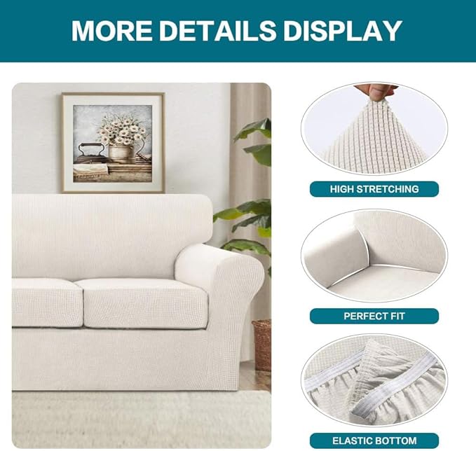 Turquoize 4 Piece Sofa Covers for 3 Cushion Couch Sofa Slipcover Soft Couch Cover for Dogs-Washable Sofa Furniture Covers with 3 Individual Cushion Covers, Jacquard Fabric (3 Cushion Sofa, Ivory)