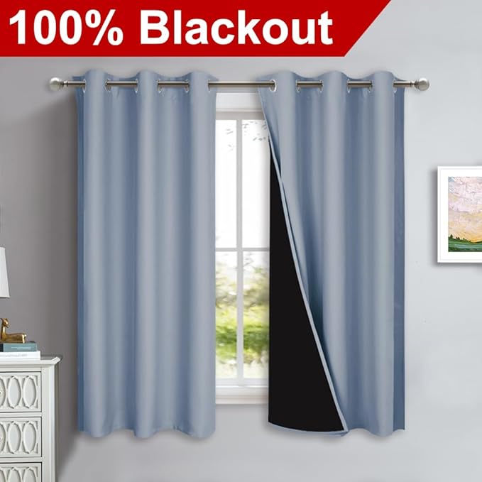 NICETOWN 100% Blackout Short Curtains with Black Liners, 2 Panels, 37" W by 50" L, Vintage Blue, Solid Thermal Insulated Full Blackout 2-Layer Lined Drapes, Energy Efficiency Window Drapes for Bedroom