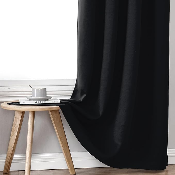 ChrisDowa 100% Blackout Curtains 63 inch Long for Bedroom with Black Liner, Extra Wide 2 Thick Layers Total Blackout Thermal Insulated Grommet Window Curtains 2 Panels Set (Black, 60 x 63 Inch)