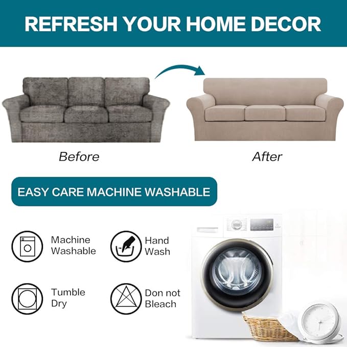 Turquoize 4 Piece Sofa Slipcover Sofa Covers for 3 Cushion Couch Soft Couch Cover for Dogs-Washable Sofa Furniture Covers with 3 Individual Cushion Covers,Feature Jacquard Fabric(3 Cushion Sofa, Sand)