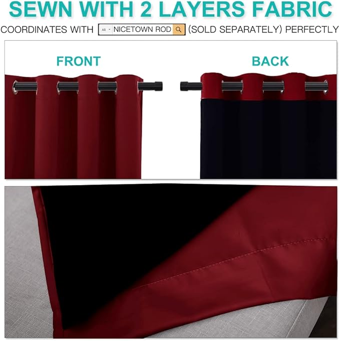 NICETOWN 100% Blackout Curtains with Black Liner Backing, Thermal Insulated Curtains for Living Room, Noise Reducing Drapes for Christmas, Burgundy Red, 70 inches x 84 inches Per Panel, Set of 2