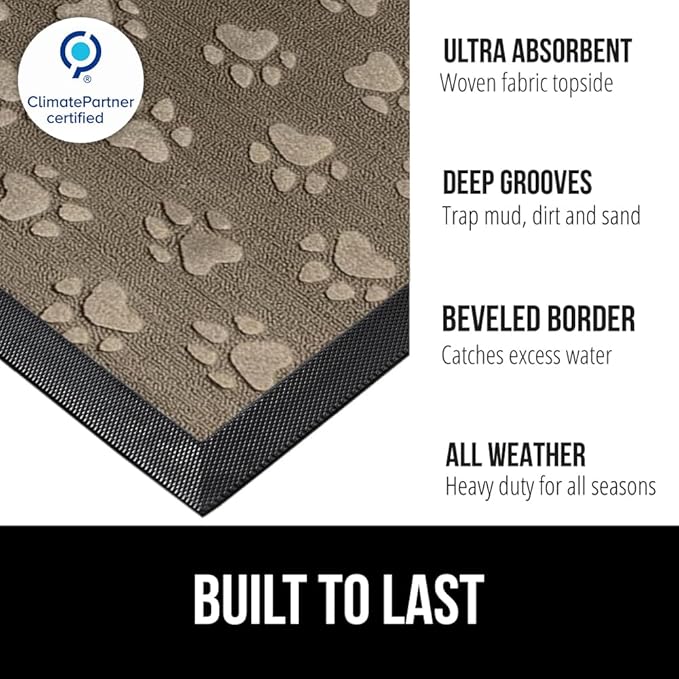 GORILLA GRIP 100% Waterproof All-Season WeatherMAX Doormat 35x23, US Designed Natural Rubber, Stain and Fade Resistant, Low Profile Indoor Outdoor Door Mats, Easy Clean Patio Mat, Tan Pawprints