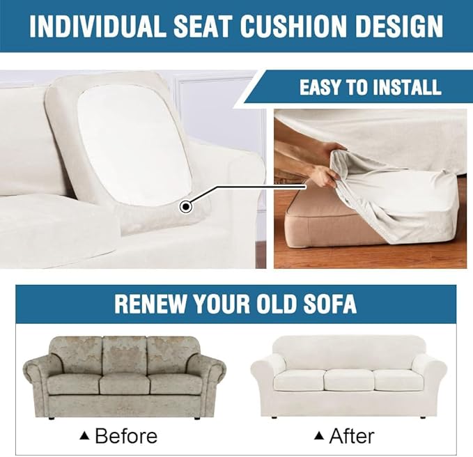 H.VERSAILTEX Modern Velvet Plush 4 Piece High Stretch Sofa Slipcover Sofa Cover Furniture Protector Form Fit Thick Velvet Sofa Cover for 3 Cushion Couch Width Up to 90 Inch (Sofa, Porcelain White)