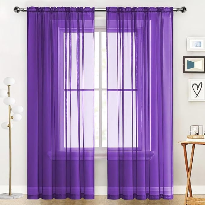 SpaceDresser Sheer Voile Window Treatment Rod Pocket Curtain Panels for Kitchen Bedroom Living Room Drapes Sunlight Filtering Privacy Semi Home Decor Assorted (Purple, 52 W x 45 L)