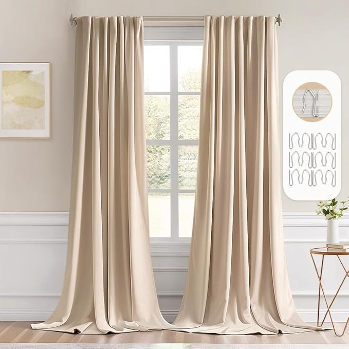 MIULEE Back Tab Beige Curtains 96 Inch Long 2 Panels Set for Living Room Bedroom, Cream Rod Pocket/Pinch Pleated Light Blocking Thermal Insulated Room Darkening Floor to Ceiling Blackout Drapes