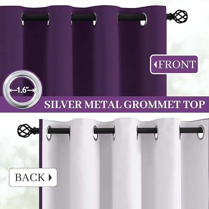 Yakamok Room Darkening 100% Blackout Curtains Grommet Window Treatments with 2 Thick Layers-Purple Thermal Insulated Drapes Set of 2 Panels for Bedroom Living Room 52 Inches by 96 Inches Length