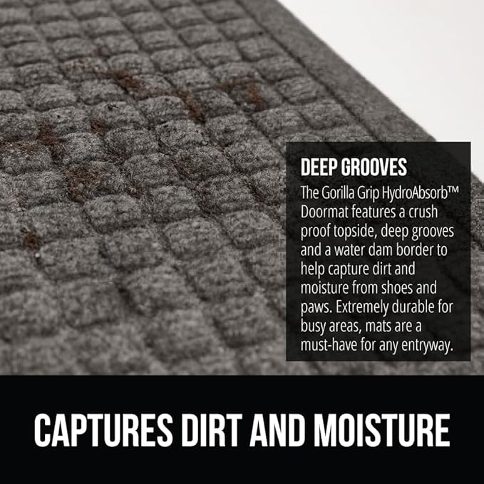 GORILLA GRIP® Ultra Absorbent Front Door Mat Outside Entrance, 72x24, Traps Dirt and Moisture, HydroABSORB Indoor Outdoor Doormat Holds 2.75 Cups Water, Stain and Fade Resistant Welcome Mat, Charcoal