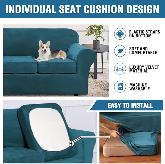 H.VERSAILTEX Real Velvet Plush 3 Piece Stretch Sofa Covers Couch Covers for 2 Cushion Couch Loveseat Covers Width Up to 72 Inch Feature Thick Soft Stay in Place (Medium Sofa, Deep Teal)