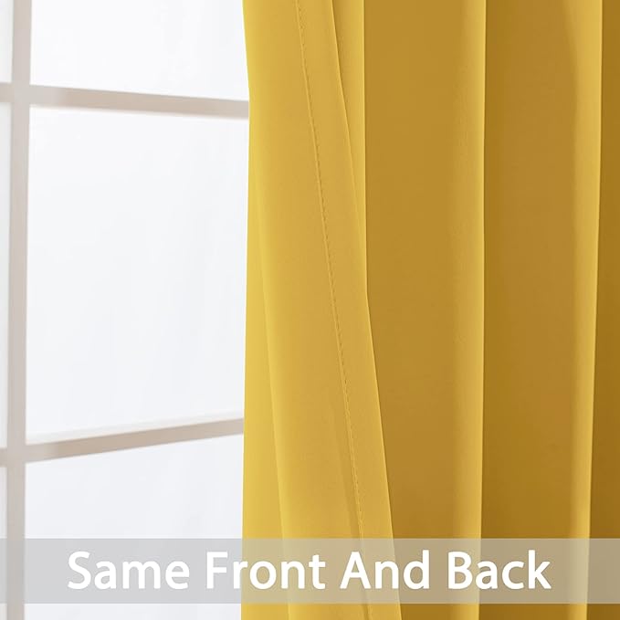 Yakamok Solid Blackout Curtains with Grommet top, Thermal Insulated Room Darkening Drapes for Bedroom(Mustard Yellow, 38Wx72L, One Pair)