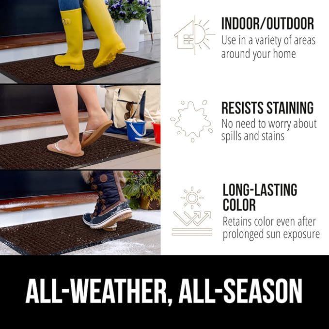GORILLA GRIP 100% Waterproof All-Season WeatherMAX Doormat, 72x24, US Designed Natural Rubber, Stain and Fade Resistant, Low Profile Indoor Outdoor Door Mats, Easy Clean Patio Mat, Coffee Squares