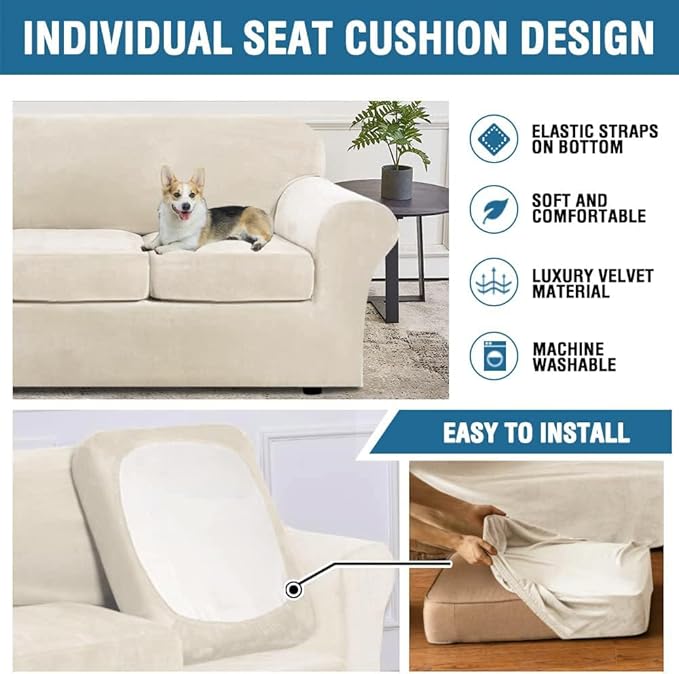 H.VERSAILTEX Rich Velvet Stretch 2 Piece Cover Chair Slipcover Sofa Cover Furniture Protector Couch Soft with Elastic Bottom Chair Couch Cover with Arms Width Up to 49 Inch(Chair, Ivory)