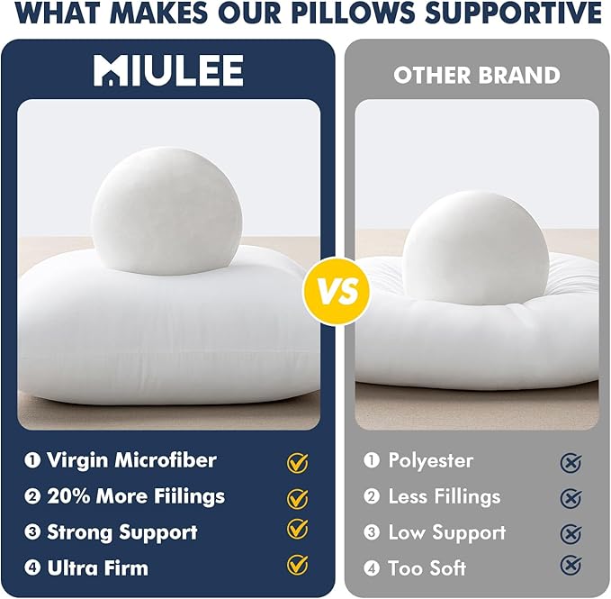 MIULEE Pillows Standard Size Set of 2, Pack of 2 20x26 Inch 100% Virgin Fiber Filling Bed Couch Pillows