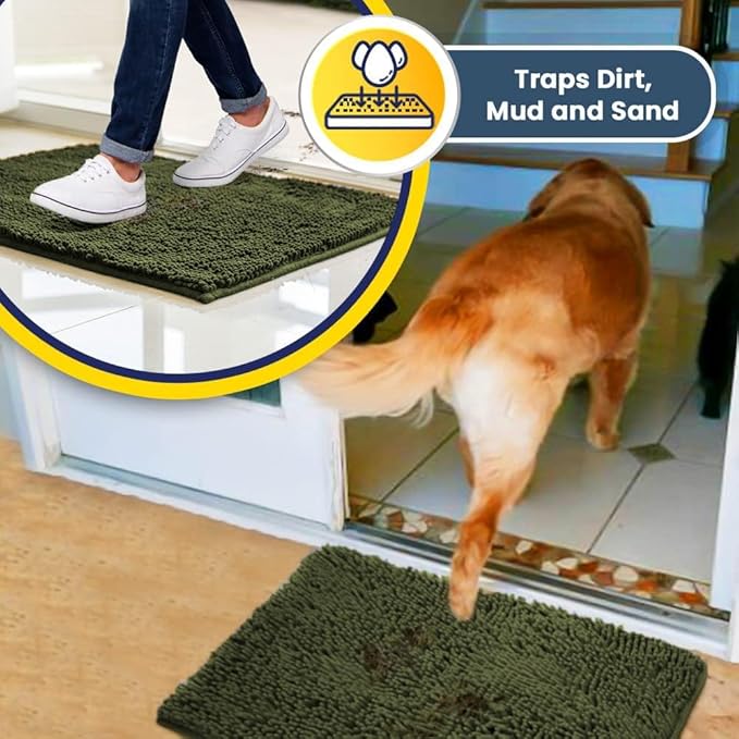 Muddy Mat® | Super Absorbent Door Mat Indoor, Microfiber Quick Dry Chenille Entryway Rug, Non-Slip Front Door Mat, Indoor Mats for Entryway, Machine Washable Pet Rug, Army Green 18"x28"