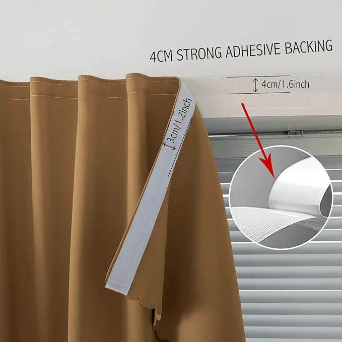 Self Adhesive Curtains, Stick Curtain Blackout Shades Window Cover Curtains for Living Room No Drilling, 47" W X 59" L, Brown, 1 Panel