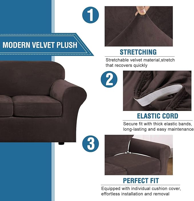 H.VERSAILTEX High Stretch Sofa Slipcover 4 Piece Cover Velvet Furniture Protector Form Fit Thick Velvet Extra Large Sofa Cover for 3 Cushion Couch Width Up to 97 Inch (Large Sofa, Brown)