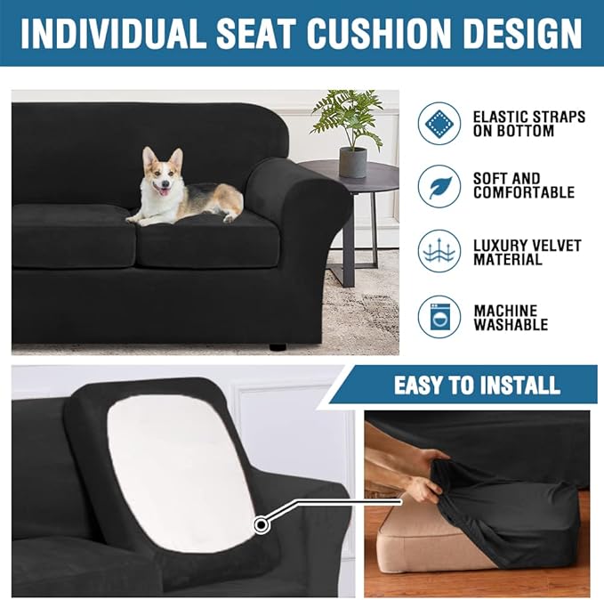 H.VERSAILTEX Modern Velvet Plush 4 Piece High Stretch Sofa Slipcover Sofa Cover Furniture Protector Form Fit Luxury Thick Velvet Sofa Cover for 3 Cushion Couch Width Up to 90 Inch (Sofa,Black)