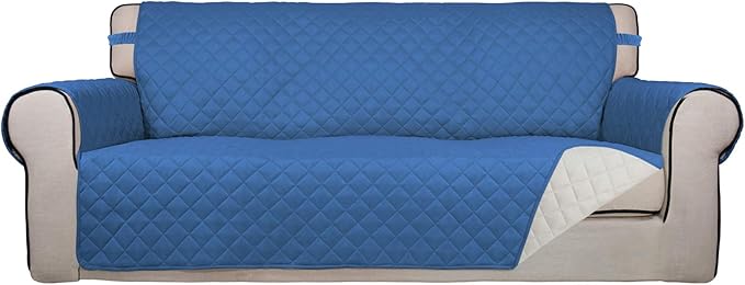 PureFit Reversible Quilted Sofa Cover, Water Resistant Slipcover Furniture Protector, Washable Couch Cover with Non Slip and Elastic Straps for Kids, Dogs, Pets (Sofa, Blue/Ivory)
