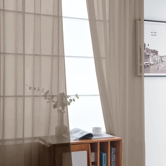 SpaceDresser Basic Rod Pocket Sheer Voile Window Curtain Panels Taupe 1 Pair 2 Panels 52 Width 54 Inch Long for Kitchen Bedroom Children Living Room Yard（Taupe, 52W x 54L）