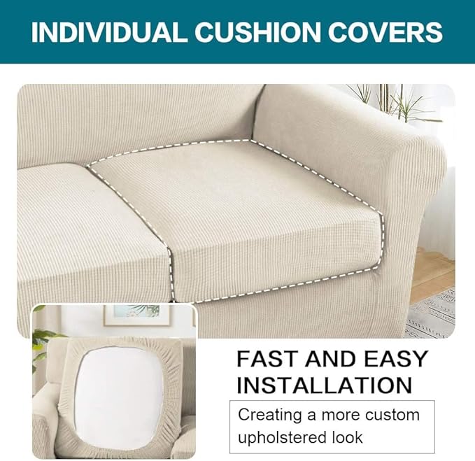 Turquoize 3 Piece Sofa Covers for 2 Cushion Couch Sofa Slipcover Soft Cover for Dogs-Washable Furniture Covers with 2 Individual Cushion Covers, Feature Jacquard Fabric(Loveseat, Biscotti Beige)