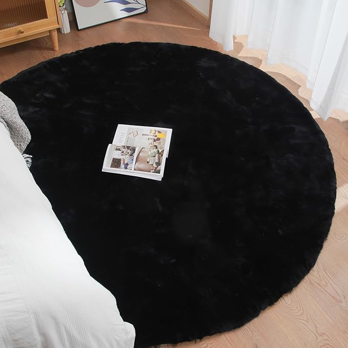 ORINOVA Black Rabbit Shaggy Fur Rug for Bedroom Washable Furry Circle Area Rugs for Living Room Kids Small Round Rug 3ft Nursery Rug