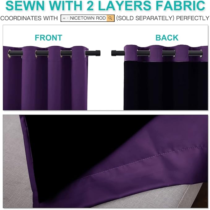 NICETOWN 100% Blackout Curtains with Black Liner Backing, Thermal Insulated Curtains for Living Room, Noise Reducing Drapes, Royal Purple, 52 inches Wide x 84 inches Long Per Panel, Set of 2 Panels