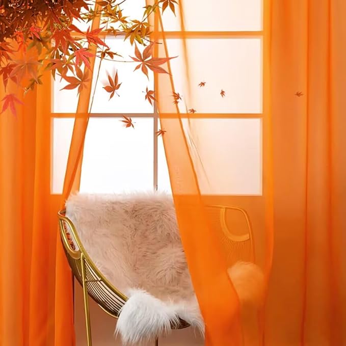 SpaceDresser Basic Rod Pocket Sheer Voile Window Curtain Panels White 1 Pair 2 Panels 60 Width 96 Inch Long for Kitchen Bedroom Children Living Room Yard(Orange,60 W x 96 L)