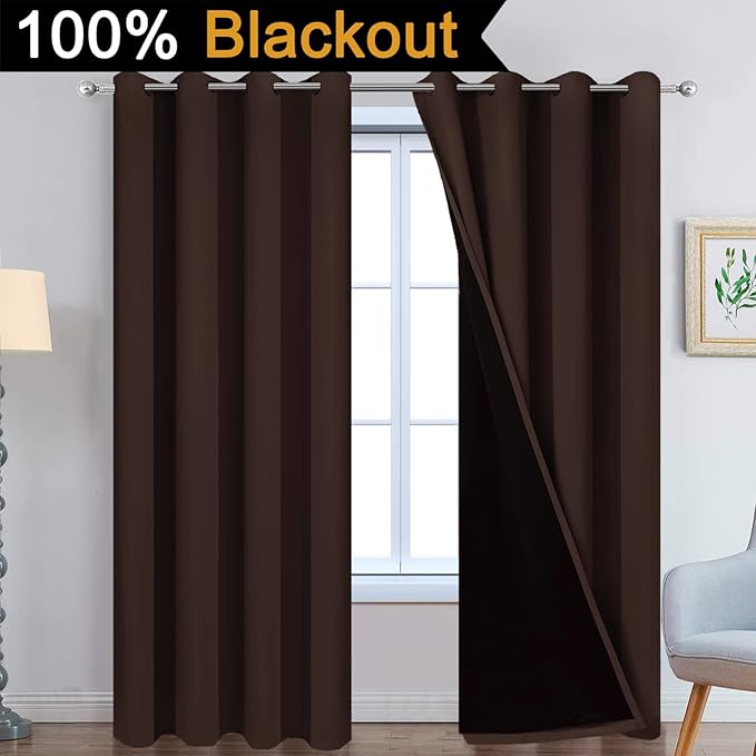 Yakamok Blackout Curtains 96 Inches Long,Blackout Curtain Panels for Bedroom, 2 Thick Layers Grommet Top Thermal Insulated Drapes with Black Liner for Living Room(52Wx96L, Chocolate Brown, 2 Panels)
