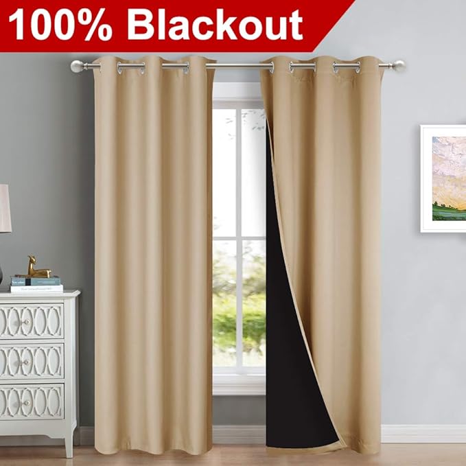 NICETOWN Blackout Curtains 80 inches Long, Full Light Blocking Drapes with Black Liner for Nursery, Thermal Insulated Draperies for Hall, Villa (Biscotti Beige 2 Pieces, 42" Wide Each Panel)
