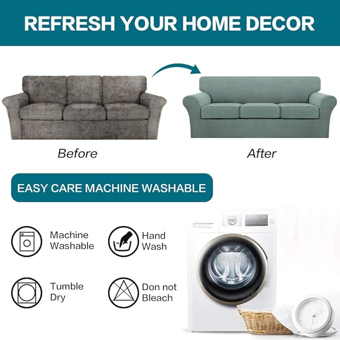 Turquoize 4 Piece Sofa Covers for 3 Cushion Couch Sofa Slipcover Soft Couch Cover for Dogs-Washable Sofa Furniture Covers with 3 Individual Cushion Covers,Jacquard Fabric (3 Cushion Sofa, Dark Cyan)