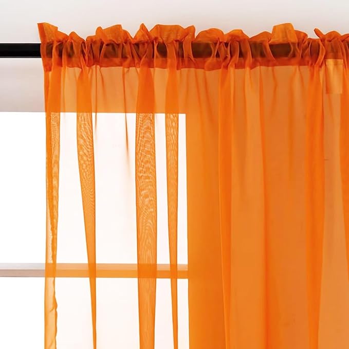 SpaceDresser Orange Sheer Curtains 4 Panels Rod Pocket Semi-Sheer Curtain 45 Inches Long Light Filtering Voile Window Drapes for Bedroom Living Room Kitchen, Each 52W x 45L
