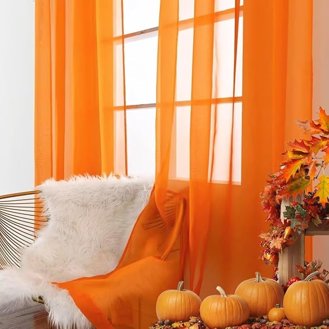 SpaceDresser Basic Rod Pocket Sheer Voile Window Curtain Panels White 1 Pair 2 Panels 60 Width 96 Inch Long for Kitchen Bedroom Children Living Room Yard(Orange,60 W x 96 L)