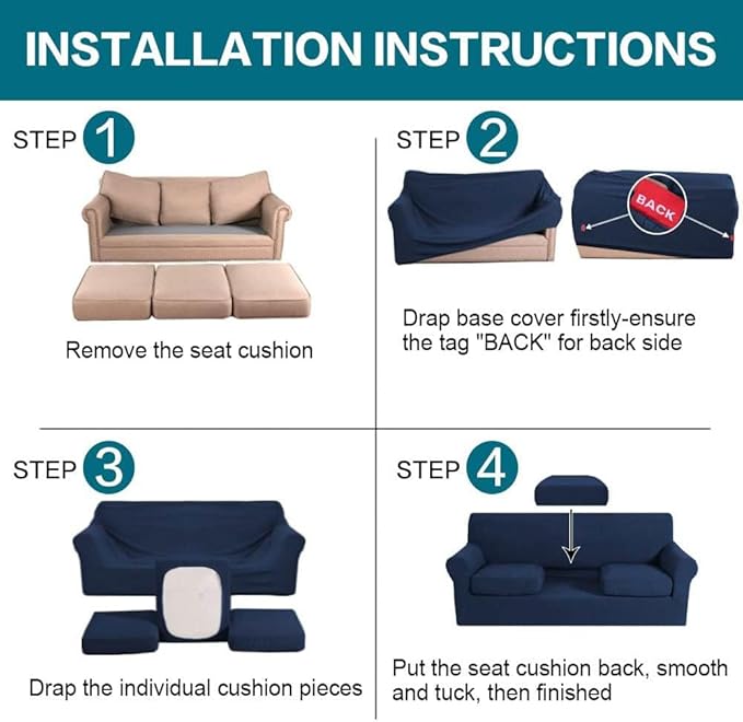 Turquoize 4 Piece Sofa Covers for 3 Cushion Couch Sofa Slipcover Soft Couch Cover for Dogs-Washable Sofa Furniture Covers with 3 Individual Large Cushion Covers, Feature Thick Fabric (XL Sofa, Navy)