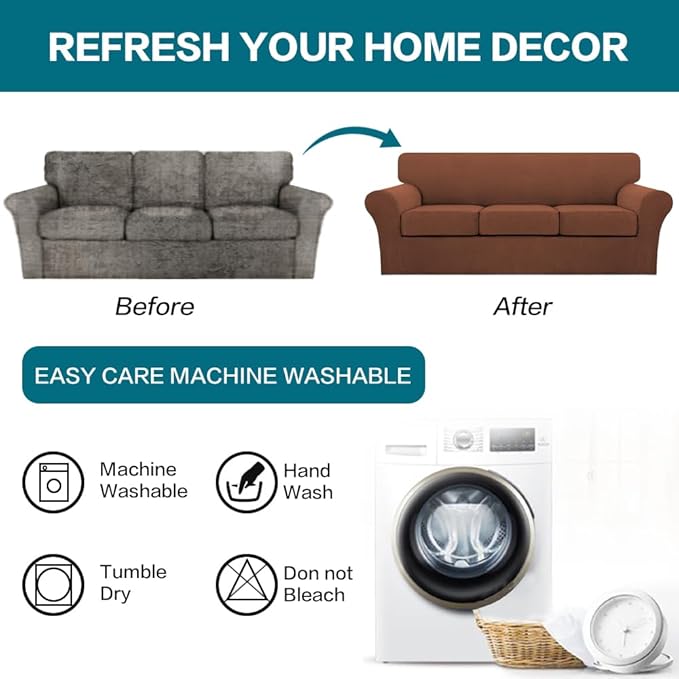 Turquoize 4 Piece Sofa Covers for 3 Cushion Couch Slipcover Soft Cover Dogs-Washable Furniture with Individual Covers,Feature Jacquard Fabric(3 Cushion Sofa, Caramel)