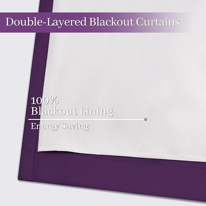 Yakamok Room Darkening 100% Blackout Curtains Grommet Window Treatments with 2 Thick Layers-Purple Thermal Insulated Drapes Set of 2 Panels for Bedroom Living Room 38 Inches by 72 Inches Length