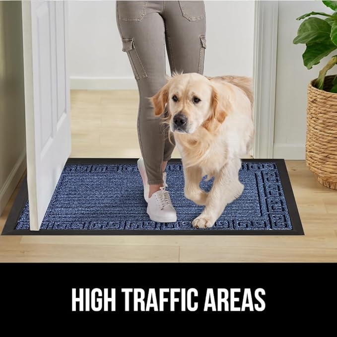 GORILLA GRIP 100% Waterproof All-Season WeatherMAX Doormat, 72x24, US Designed Natural Rubber, Stain and Fade Resistant, Low Profile Indoor Outdoor Door Mats, Easy Clean Patio Mat, Navy Greek Keys