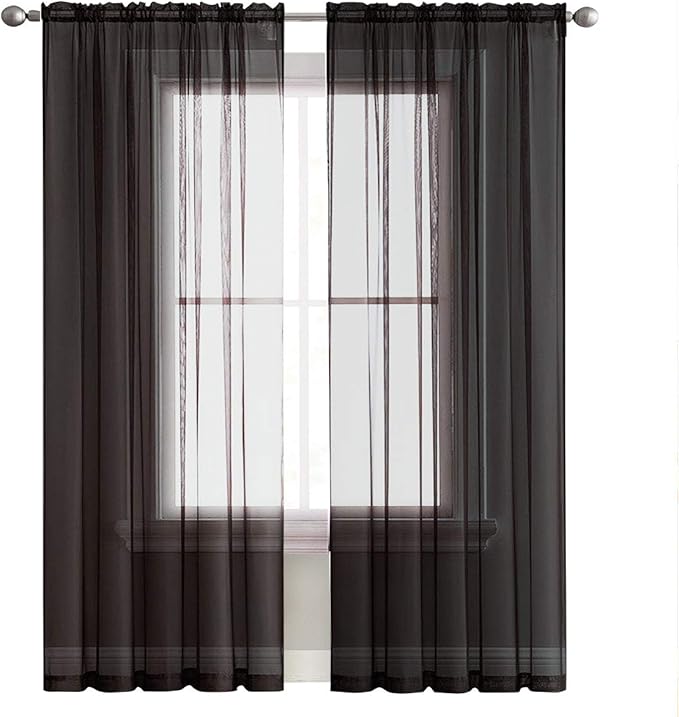 SpaceDresser Sheer Voile Window Treatment Rod Pocket Curtain Panels for Kitchen Bedroom Living Room Drapes Sunlight Filtering Privacy Semi Home Decor Assorted (Black, 52 W x 96 L)