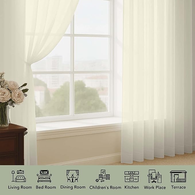 OWENIE Sheer Curtains 84 Inches Long 2 Panels Set, Sheer Cream Curtains for Living Room Bedroom 59 Inch Extra Wide, Modern Voile Filmy Rod Pocket Drapes, 2 Pcs, Each 59 W x 84L, Cream