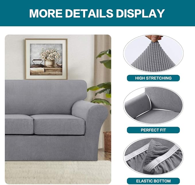 Turquoize 3 Piece Sofa Covers for 2 Cushion Couch Sofa Slipcover Soft Couch Cover for Dogs-Washable Sofa Furniture Covers with 2 Individual Cushion Covers, Thick Jacquard Fabric (Loveseat, Dove)