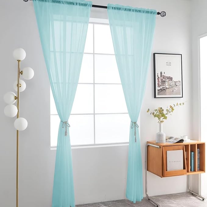 SpaceDresser Basic Rod Pocket Sheer Voile Window Curtain Panels Sky Blue 1 Pair 2 Panels 52 Width 84 Inch Long for Kitchen Bedroom Children Living Room Yard（Sky Blue, 52W x 84L）